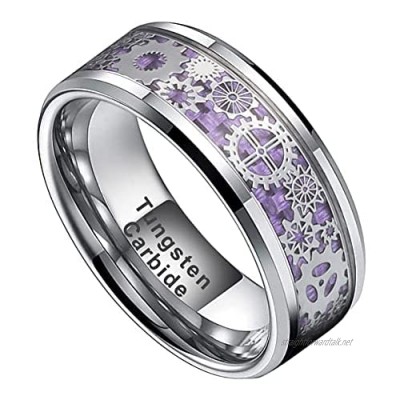 BestTungsten 8mm Silver/Black Tungsten Rings for Men Women Wedding Bands Steampunk Gear Wheel Blue Purple Carbon Fiber Inlay Beveled Edges Comfort Fit