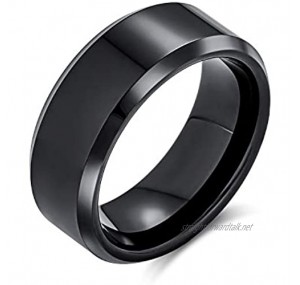 Bling Jewelry Plain Simple Wide Beveled Titanium Black Silver Tone Couples Wedding Band Ring for Men Women Comfort Fit 8MM Size 6-14