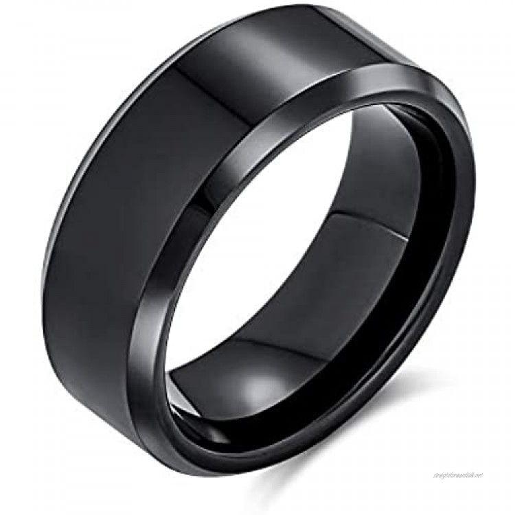 Bling Jewelry Plain Simple Wide Beveled Titanium Black Silver Tone Couples Wedding Band Ring for Men Women Comfort Fit 8MM Size 6-14