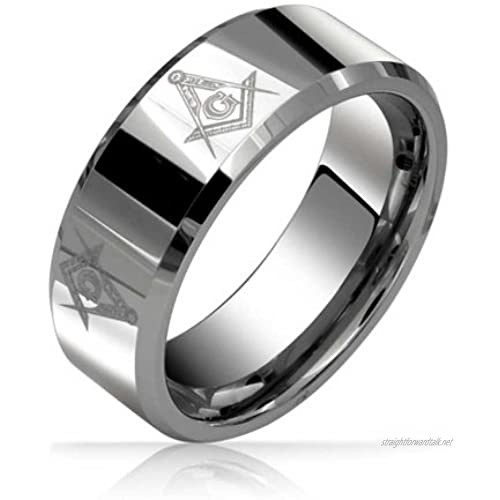 Bling Jewelry Square & Compass Freemason Masonic Titanium Wedding Band Ring for Men Polished Silver Tone Comfort Fit 8MM