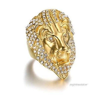 Lee Island Fashion 24K Gold Plated Simmulated Diamond CZ Fully Lion King Stainless Steel Ring for Men-Hip Hop Leo Rock Jewelry