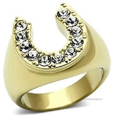 Mens horse shoe ring gold signet pinky solitaire cz cubic zirconia 18kt steel