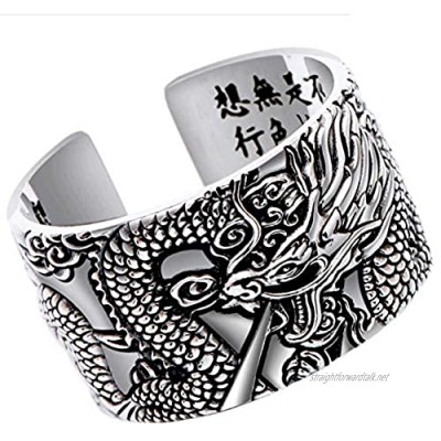 MIYUAN 925 Sterling Silver Vintage Engraved Dragon China Character Men Band Ring Open Style