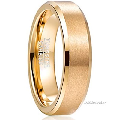 NUNCAD 6mm Unisex Gold Electroplated Tungsten Carbide Ring Matte Finish Beveled Edges Size L½ to Z+3