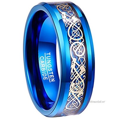 NUNCAD Men's 8mm Celtic Dragon Blue Tungsten Carbide Ring Blue Carbide Fiber Size L½-Z+3