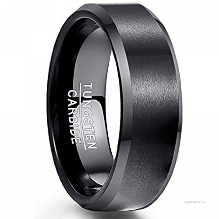 NUNCAD Men's Wedding Black Tungsten Carbide Ring 8mm Matte Finish Beveled Polished Edge Comfort Fit Size N½ to Z+1