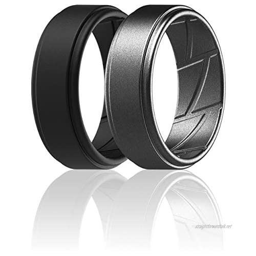 ThunderFit Silicone Wedding Rings for Men Breathable Airflow Inner Grooves - Step Edge Sleek Design Breathable Rubber Engagement Bands - 8mm Wide - 2mm Thick