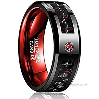 VAKKI 8mm Men's Red/Black Tungsten Carbide Rings with CZ Inlay Carbon Fiber Wedding Band Beveled Edge Comfort Fit Size O to Y