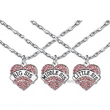 3Pcs Women Family Jewellery Set Silver Pink Crystal Love Heart Big Middle Little Sister Pendant Necklace