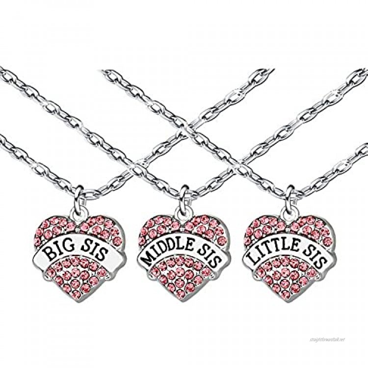 3Pcs Women Family Jewellery Set Silver Pink Crystal Love Heart Big Middle Little Sister Pendant Necklace