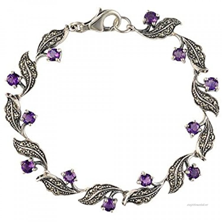 Esse Marcasite Women's 925 Sterling Silver Round Amethyst Marcasite Art Nouveau Bracelet of Length 17 cm