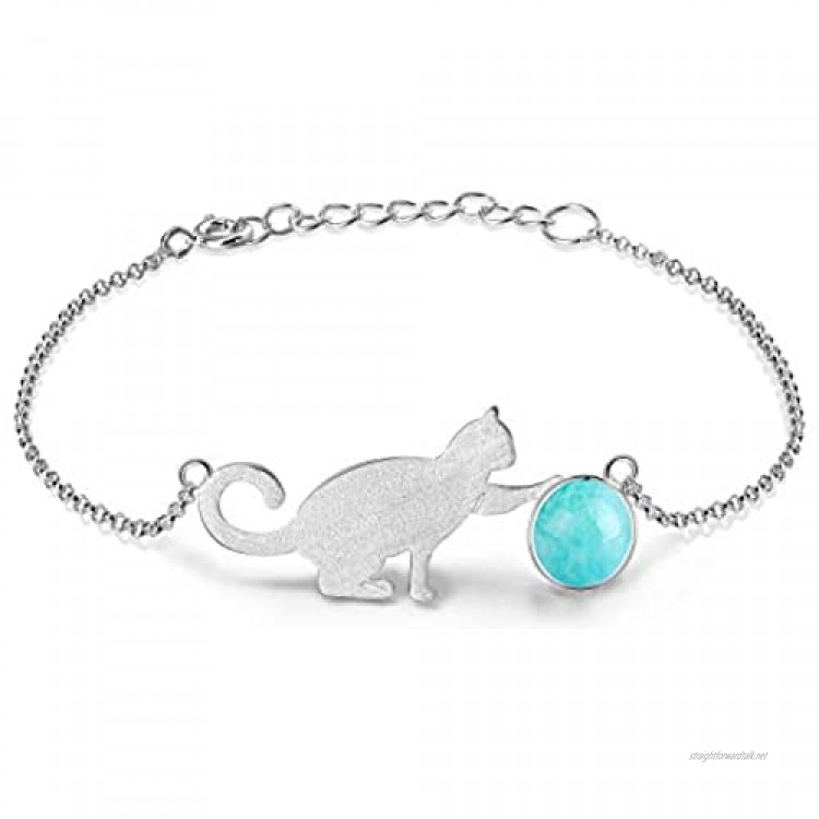 Lotus Fun ✦Gift for Mother's Day S925 Sterling Silver Bracelet Cat Playing Balls Adjustable Bracelets with Chain Length 6.5''-7.6'' Handmade Unique Jewelry for Women and Girls