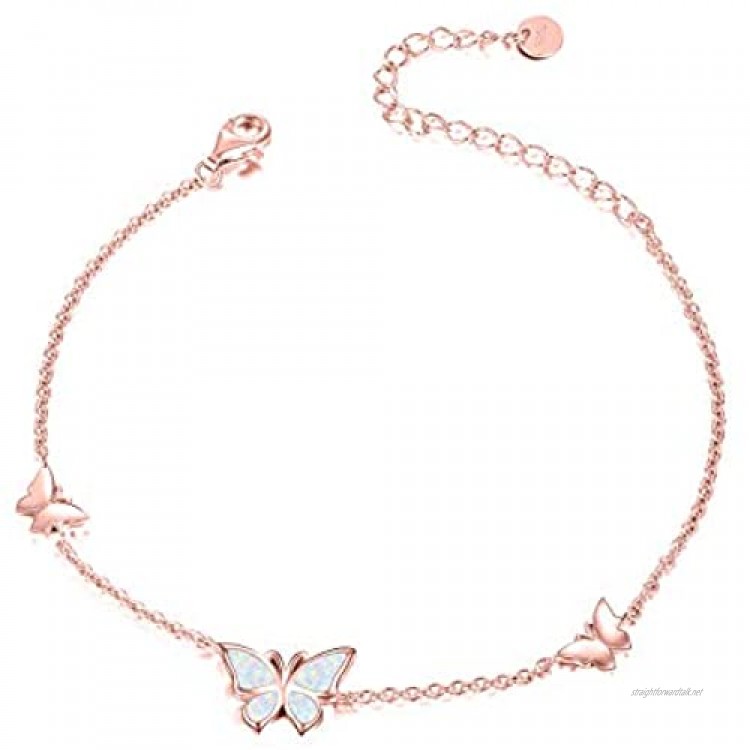 WINNICACA Butterfly Rose Gold/White/Blue Opal Bracelet S925 Sterling Silver Jewellery for Women Girl Gifts Length 7+2 inch