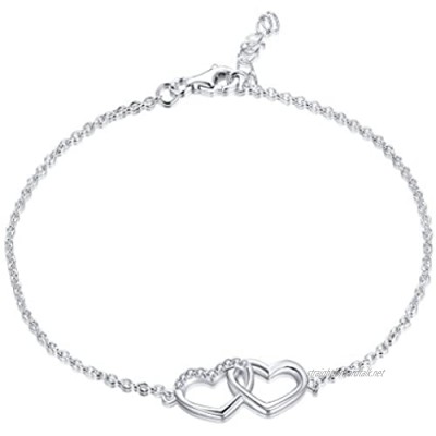 YL 925 Sterling Silver Bracelet White Gold Plated Heart Cubic Zirconia Link Bracelet for Women and Girls