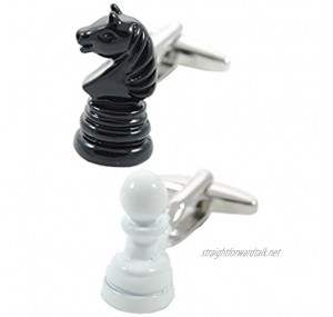 COLLAR AND CUFFS LONDON - Premium Cufflinks with Presentation Gift Box Chess Piece - Solid Brass - Iconic Knight and Pawn - Board Game Hobby - Black and White Colours