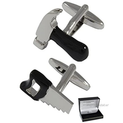 COLLAR AND CUFFS LONDON - Premium Cufflinks with Presentation Gift Box Hammer and Saw - Solid Brass - Carpenters Builders DIY Architect Engineer - Silver and Black Colours