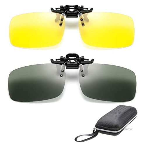 2 Pairs Sunglasses Clip On Flip Up Night Vision Glasses Anti Glare Polarized for Men Women UV400 Best for Driving Golf Shooting Fishing Hunting Outdoor Sports with box