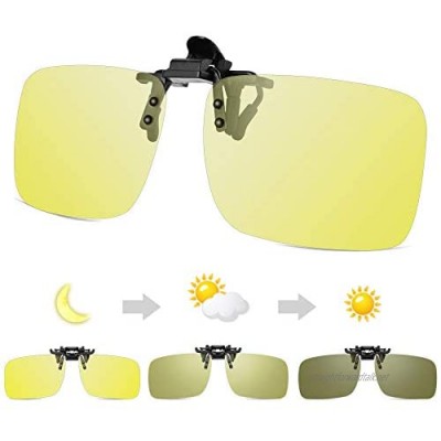 Photochromic Night Driving Glasses Clip-on HD Day+Night Vision Polarized Flip-up eyewear Fit Over for Myopia Fishing Risk Reducing Anti-Glare Ideal for Driving and Outdoor rainy foggy.
