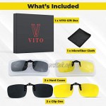 VITO Polarized Clip On Sunglasses Over Prescription Glasses Set of 2 Darkened and Yellow Lenses for Eyeglasses UVA and UVB 400 Protection Lightweight Alloy Frame