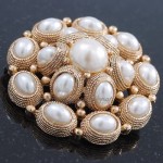 Avalaya Bridal Vintage Inspired White Simulated Pearl 'Dome' Brooch in Gold Plating - 47mm Diameter