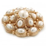 Avalaya Bridal Vintage Inspired White Simulated Pearl 'Dome' Brooch in Gold Plating - 47mm Diameter