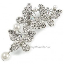 Avalaya Clear Crystal White Faux Pearl Triple Butterfly Brooch in Silver Tone - 55mm L