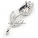 Avalaya Exquisite Tulip Brooch in Rhodium Plated Metal (Blue/Clear) - 60mm L