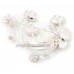 Avalaya Flower & Butterfly White/Black Enamel Crystal Brooch in Silver Tone Metal - 6cm Length