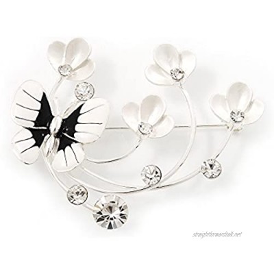 Avalaya Flower & Butterfly White/Black Enamel Crystal Brooch in Silver Tone Metal - 6cm Length