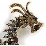 Avalaya Huge Ornate Topaz/Citrine/Grey/Black Crystal Chinese Dragon Brooch in Aged Gold Tone - 100mm Tall
