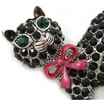 Avalaya Jet Black Diamante 'Cat with Pink Bow' Brooch in Rhodium Plating - 45mm Width
