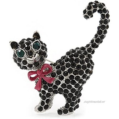 Avalaya Jet Black Diamante 'Cat with Pink Bow' Brooch in Rhodium Plating - 45mm Width