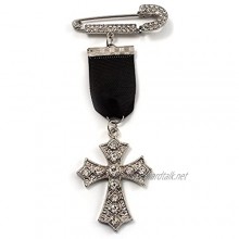 Avalaya Medal Style Diamante Cross Charm Brooch (Silver Tone)