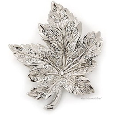 Avalaya Silver Tone Clear Crystal Maple Leaf Brooch - 50mm L