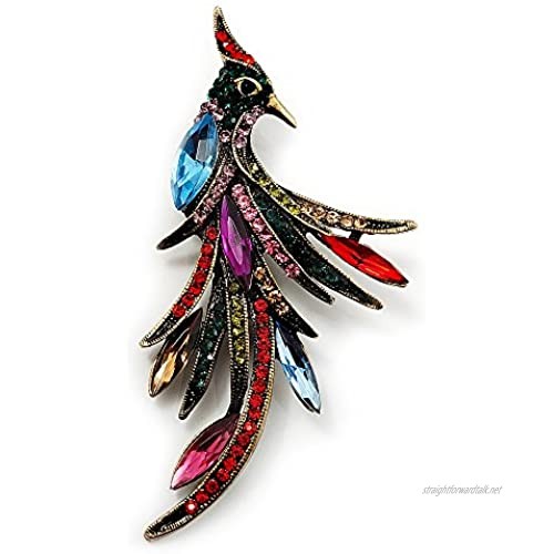 Avalaya Sparkling Multicoloured Crystal Fire-Bird Brooch (Antique Gold Tone Metal)