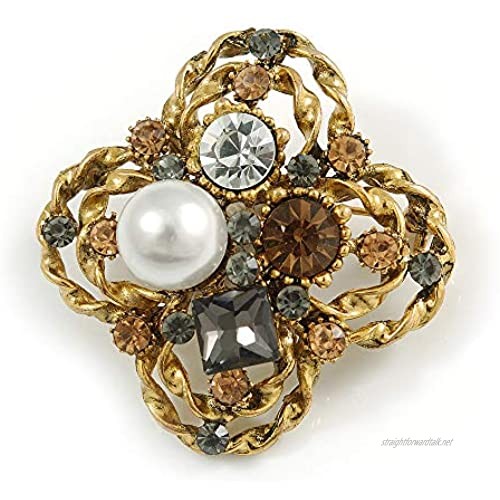Avalaya Vintage Inspired Crystal Pearl Floral Brooch in Antique Gold Tone Metal - 45mm Diameter