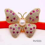 JYX 8.5-10mm White Flat Round Freshwater Pearl Butterfly Brooch Pendant Dual-use Type for Wedding