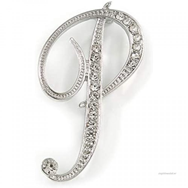 'P' Rhodium Plated Clear Crystal Letter P Alphabet Initial Brooch Personalised Jewellery Gift - 50mm Tall