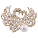 TJC Swan Couple Brooch for Women Shell Pearl and Simulated White Cubic Zirconia Gift for Love June Birthstone