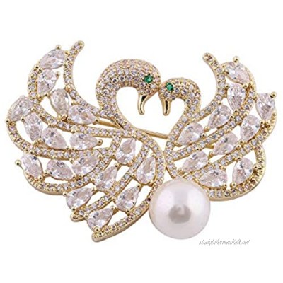 TJC Swan Couple Brooch for Women Shell Pearl and Simulated White Cubic Zirconia Gift for Love June Birthstone