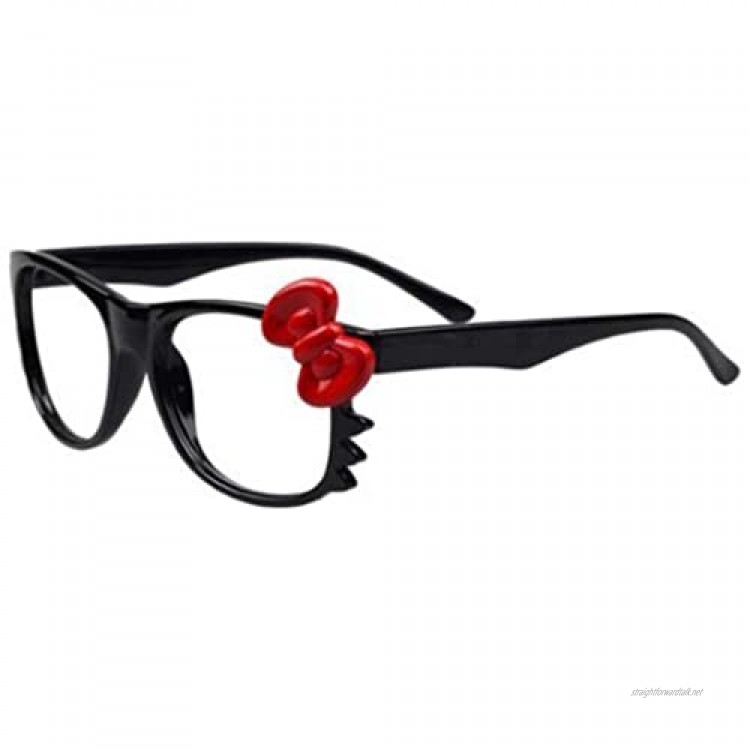 Fat-catz-copy-catz Hello Kitty Vintage Classic Nerd Geek Black Glasses Frame with Bow No Lens (Black+red Bow)