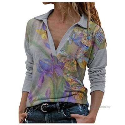 Younthone Women's T-Shirt Butterfly Flower Stitching Printed V-Neck Long-Sleeved Loose Top
