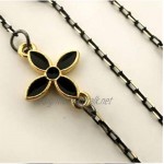 Hygienic & Fashionable Hand Made Anti-Loss Eyeglasses/Mask Holder/Lanyard Style Flower Pendant Chain Necklace (Black & Gold) with Silicone Rubber Spectacle Strap Loop Connectors (Made in S.Korea)