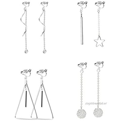 4 Pairs Clip On Earrings Not Pierced Dangle Earring Star Hollow Ball Round Tassel Drop Earrings Set for Womens Silver