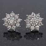 Clear Diamante Floral Stud Earrings In Silver Plating - 18mm Diameter