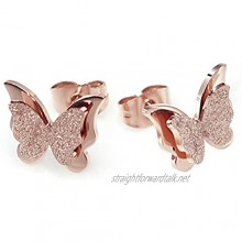 FJYOURIA Jewellery Women's Butterfly Ear Studs Rose Gold Stainless Steel Scrub Stud Earrings - Hypoallergenic