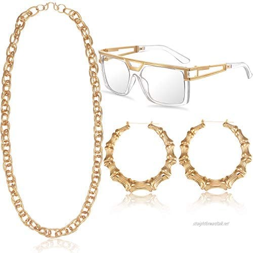 Hip Hop Woman Costume Kit Old School Rapper Sunglasses Faux Gold Rope Chain Earrings 80s/ 90s Rapper Accessories