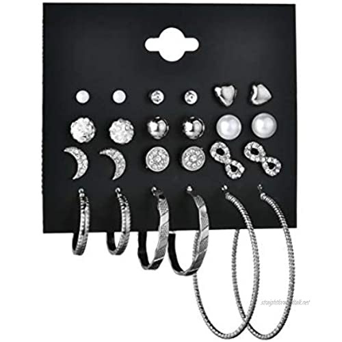 Idiytip 12 Pairs Rhinestone Stud Earrings Set Stars Moon Geometric Hoop Earrings for Womens Girls Silver