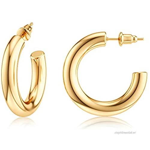 JIAYIQI Chunky Hoops Earrings for Women 14K White Gold Plated Open Tube Small Hoop Earrings with Stainless Steel Post Diameter 25/30/40/50 mm -Silver/Golden