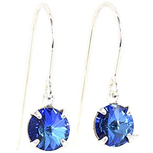 pewterhooter® petite 925 Sterling Silver drop earrings for women made with sparkling Bermuda Blue crystal. Gift box. Made in the UK.